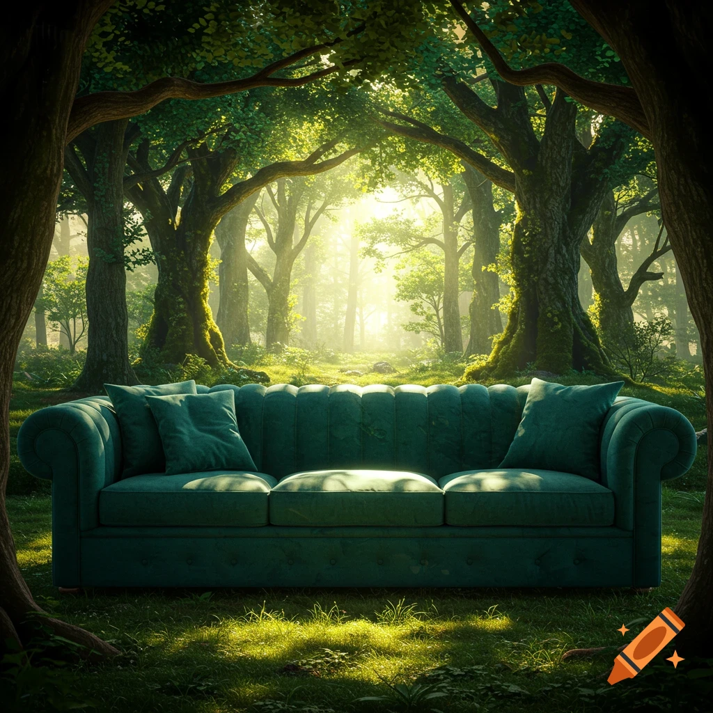 A green couch sits in a clearing in a sunlit forest.