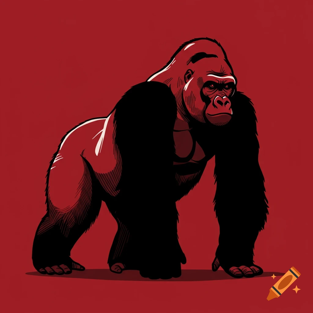 Stylized image of a gorilla standing against a red background.