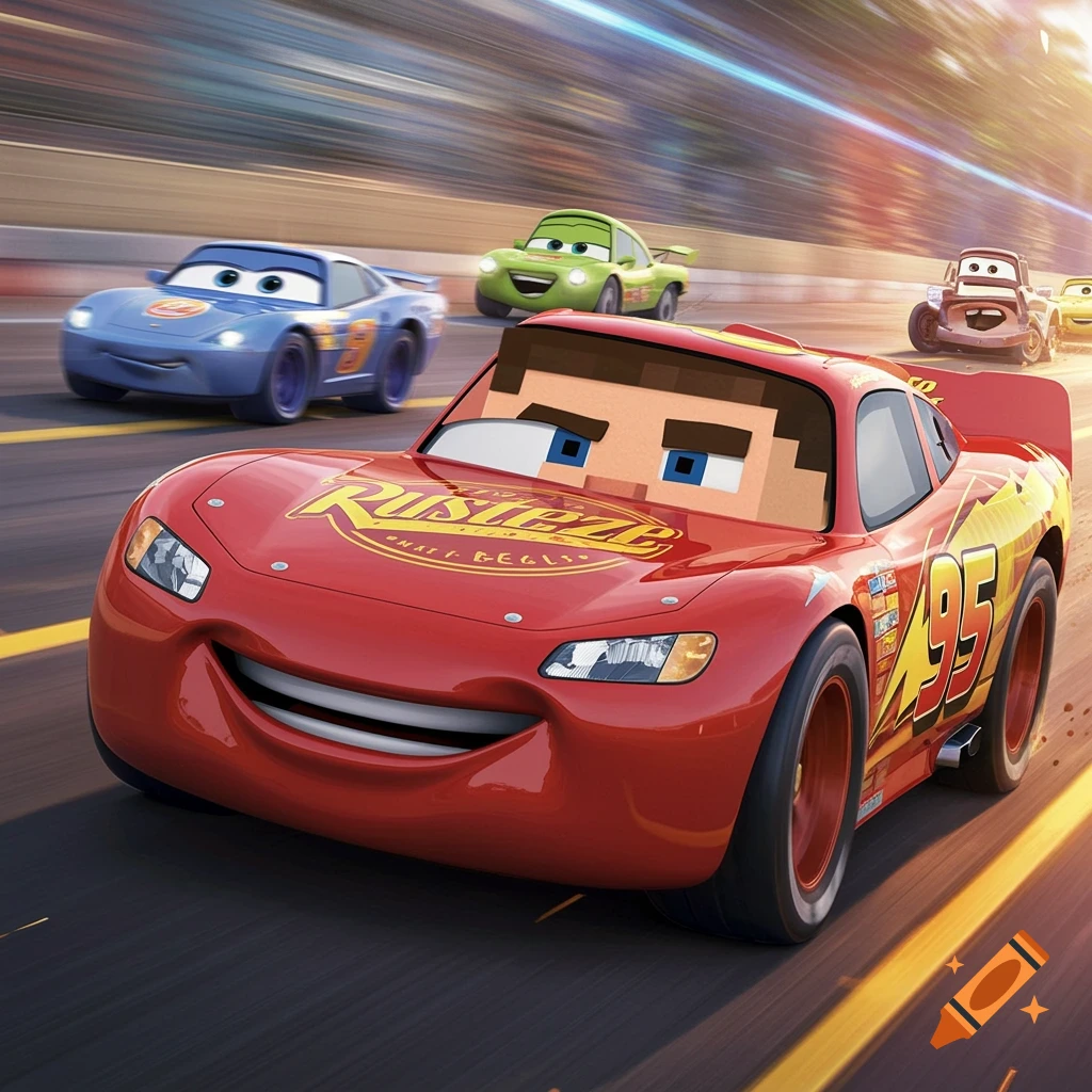 A Pixar-style rendering of Lightning McQueen with a pixelated Minecraft Steve face racing other cars.