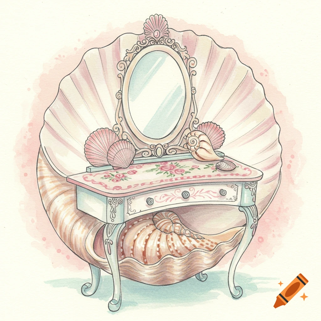 Watercolor illustration of a vanity table made from seashells.