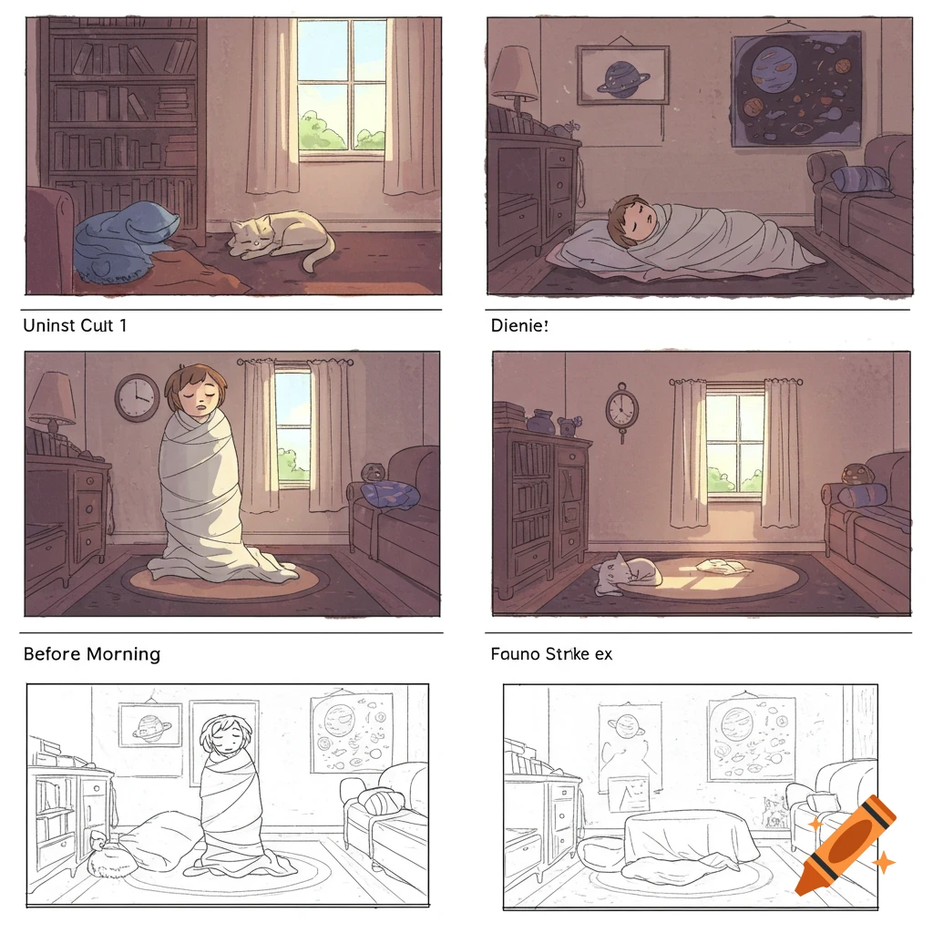 A six-panel storyboard illustration shows a person wrapped like a burrito in a messy room with a cat.