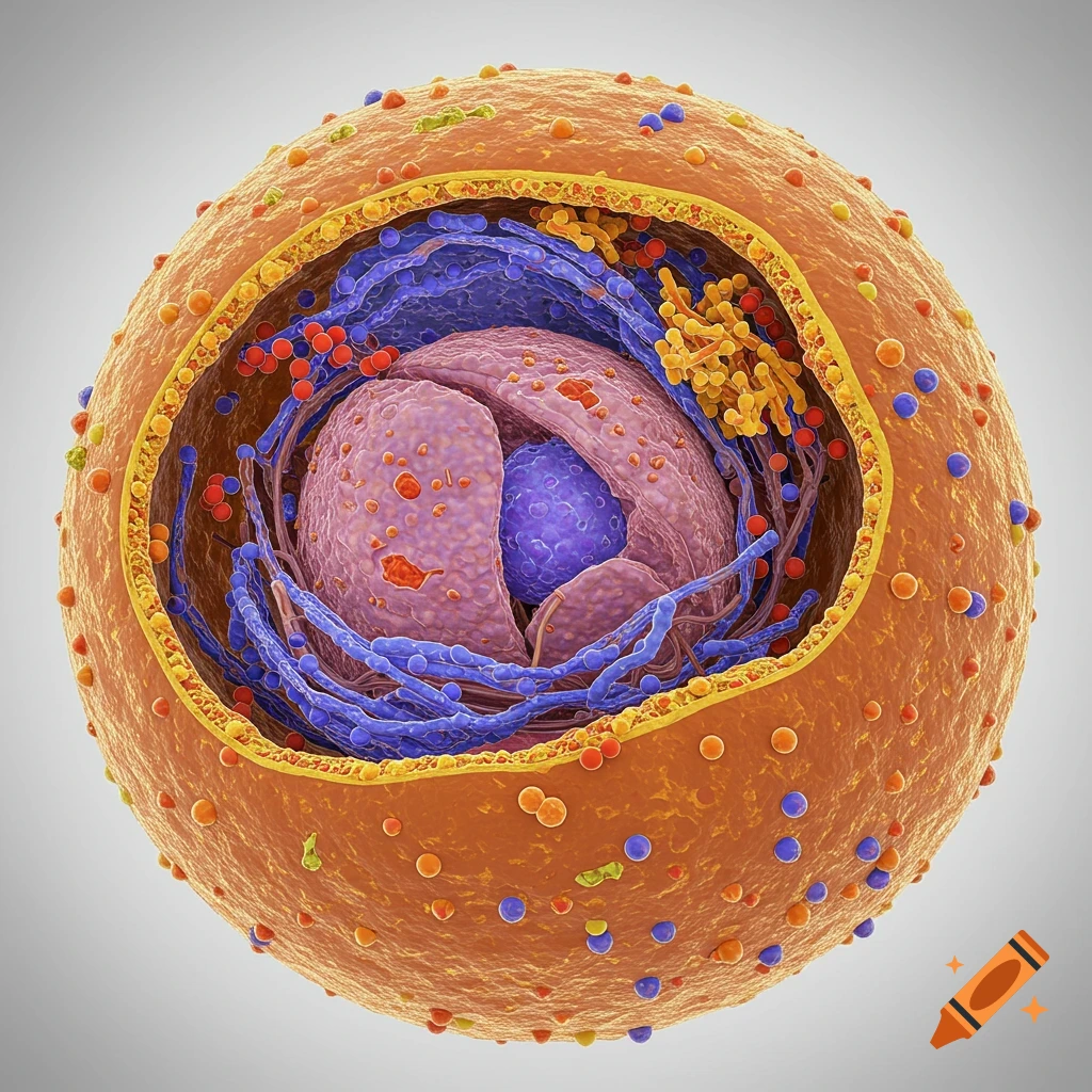 A detailed 3D rendering of a eukaryotic cell with visible nucleus and organelles.