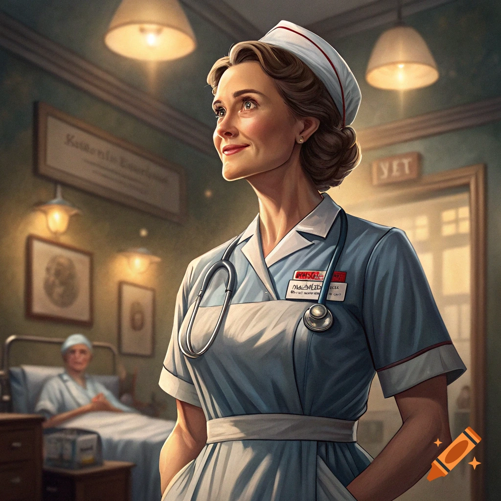A female nurse in a vintage uniform stands in a hospital room.