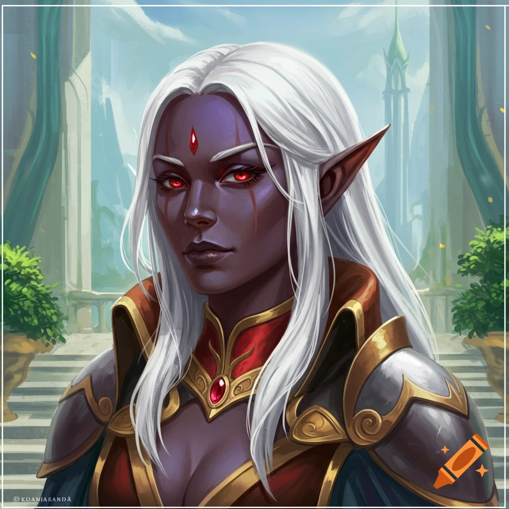 A portrait of a dark-skinned elf woman with white hair and red eyes, wearing fantasy armor.