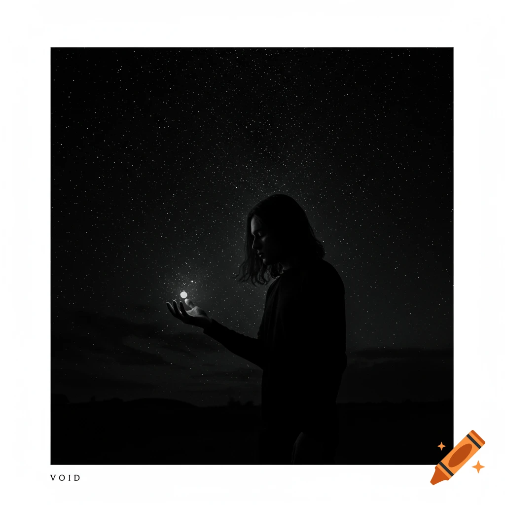 Silhouette of a person holding a glowing orb against a starry sky with text V O I D. Black and white.