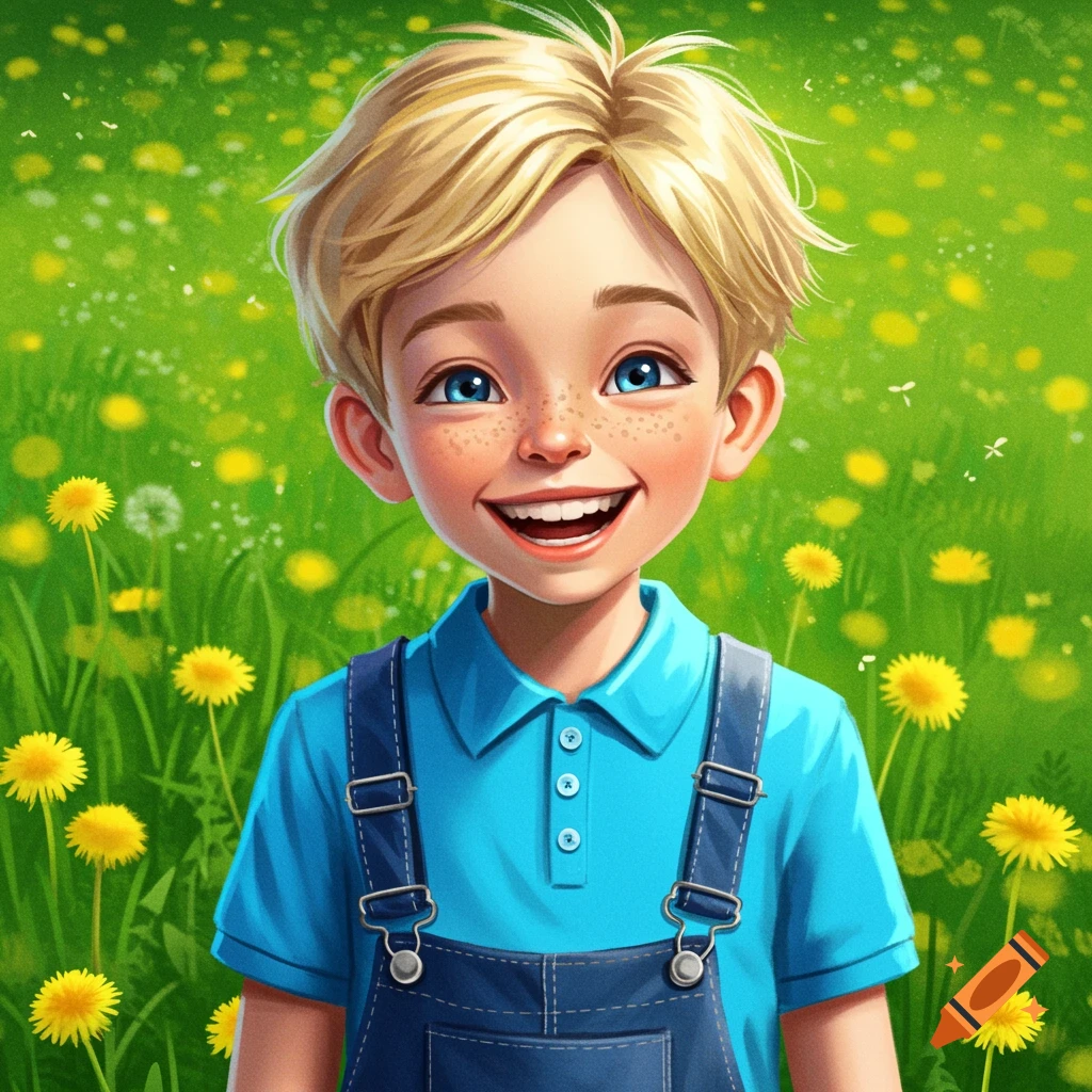 Cartoon boy in overalls smiling in a sunny meadow with dandelions