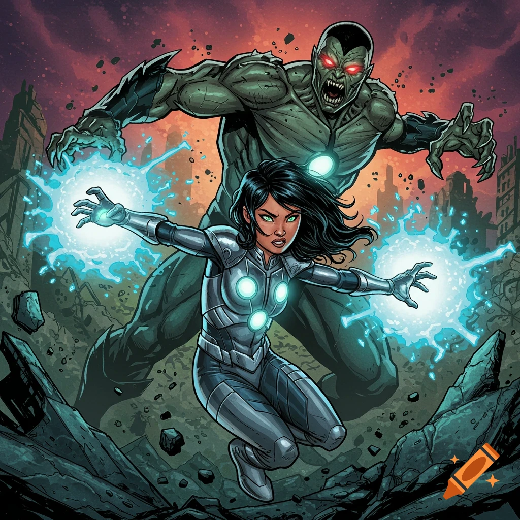 A female superhero blasts energy as a large monster attacks behind her in a ruined city, comic art style.