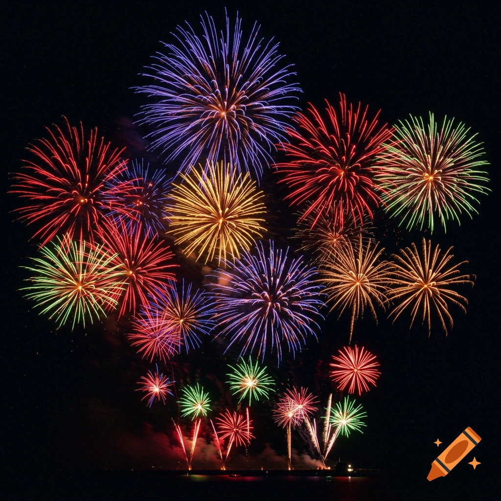 Colorful fireworks light up the night sky over water