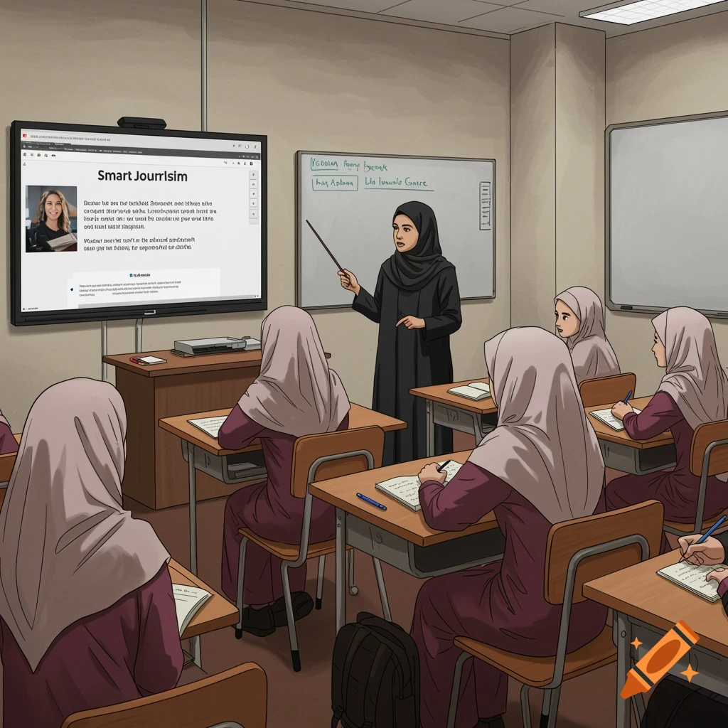 Digital illustration of a teacher in a hijab teaching students in a classroom with a screen showing a presentation.