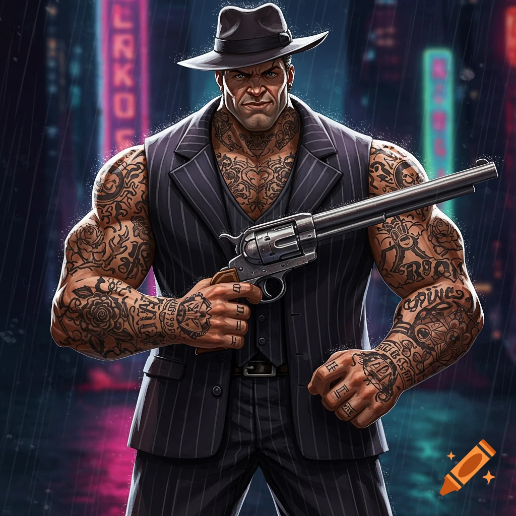 Muscular tattooed gangster in a hat and pinstripe vest holding a revolver in a neon city.