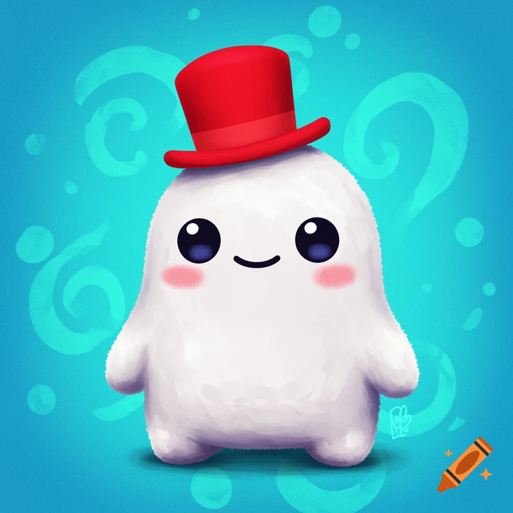 A whimsical cartoon drawing of a small white creature with large eyes and a red top hat on a blue background.