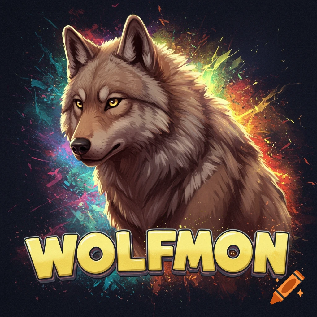 A brown-grey wolf is shown in profile, with colorful streaks and the text "WOLFMON".