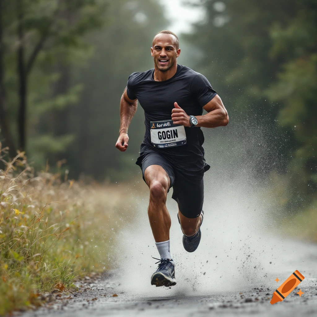 Photorealistic image of a muscular man running on a dirt road through a forest, splashing water and mud.