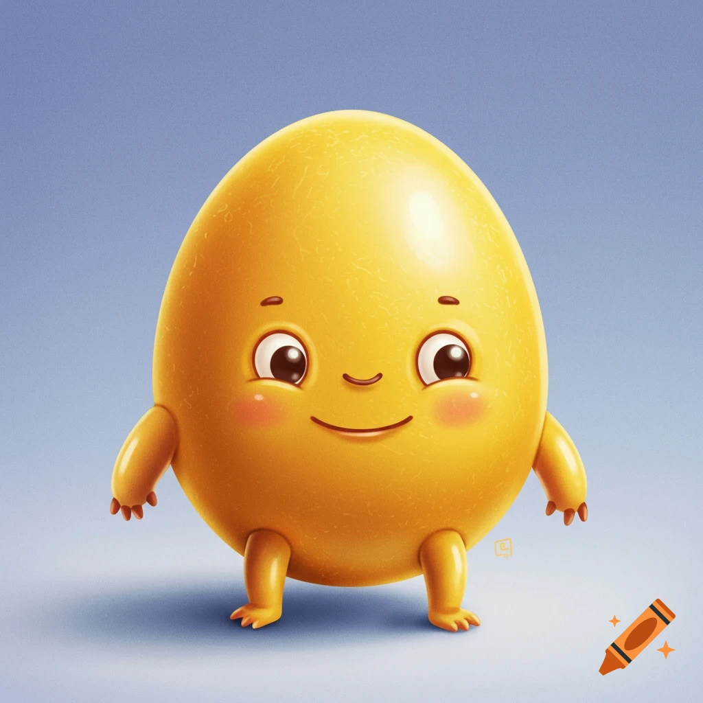 A cute cartoon yellow egg character with arms, legs, and a happy face.