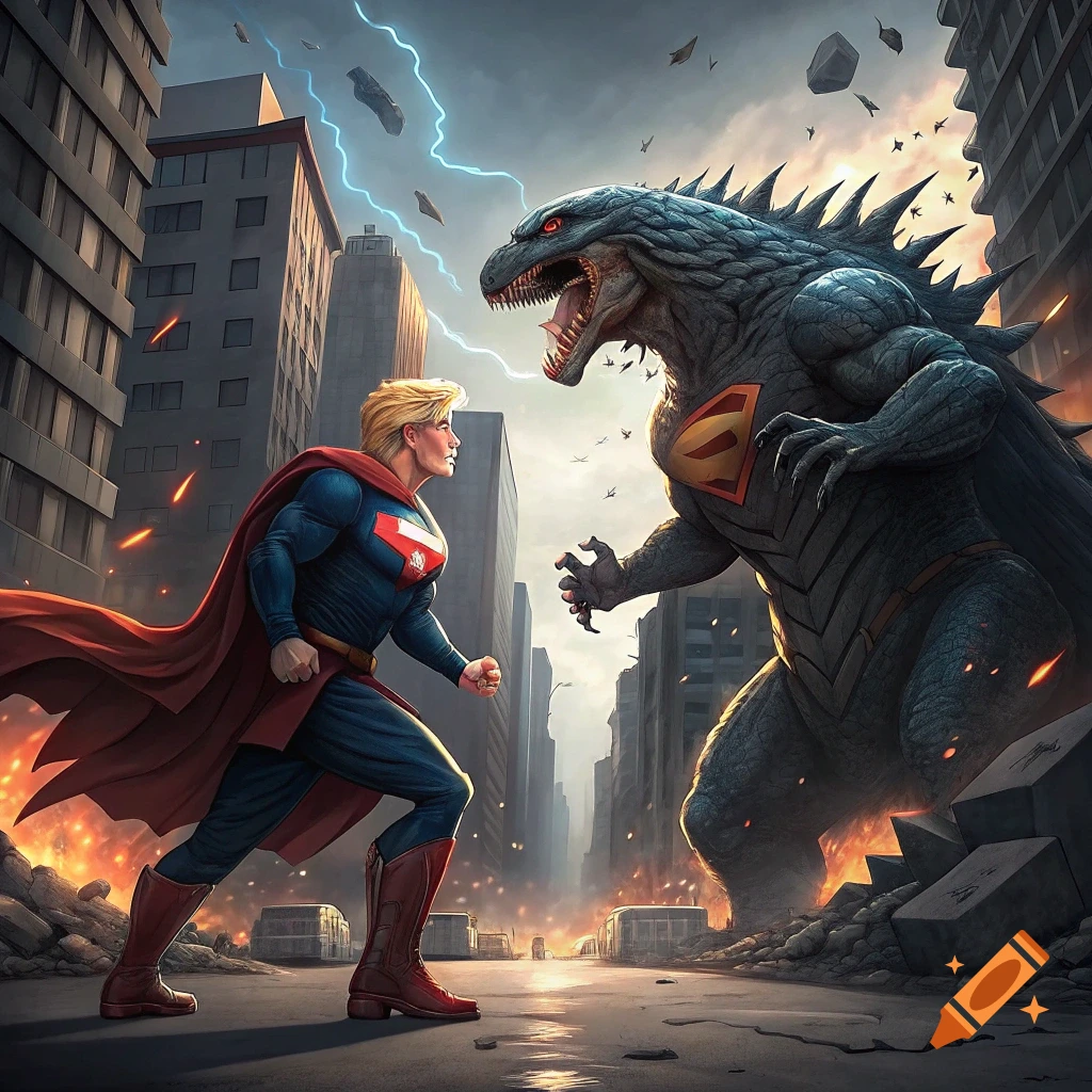 A superhero battles a giant monster in a ruined city.