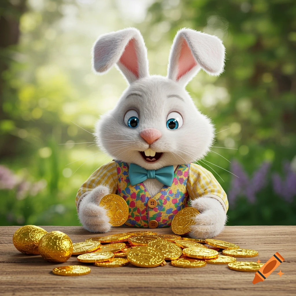 Cartoon Easter Bunny counting gold coins on a wooden table in a spring garden.