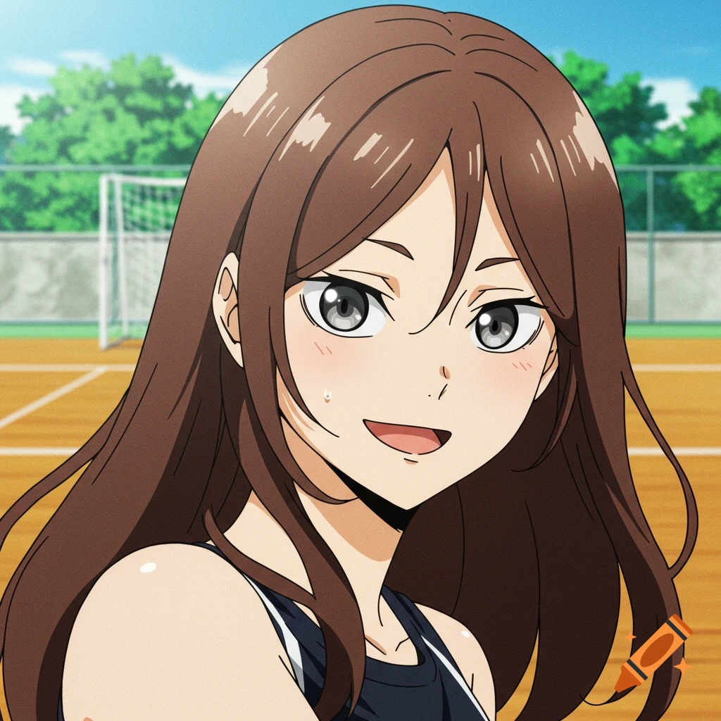 An anime girl with long brown hair and silver eyes in a sports uniform on a court.
