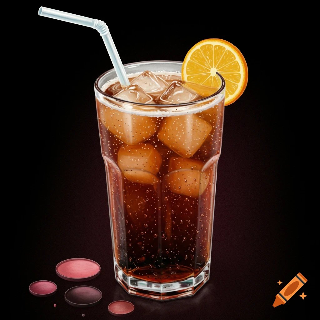 A glass of cola with ice and an orange slice next to cosmetic pans.
