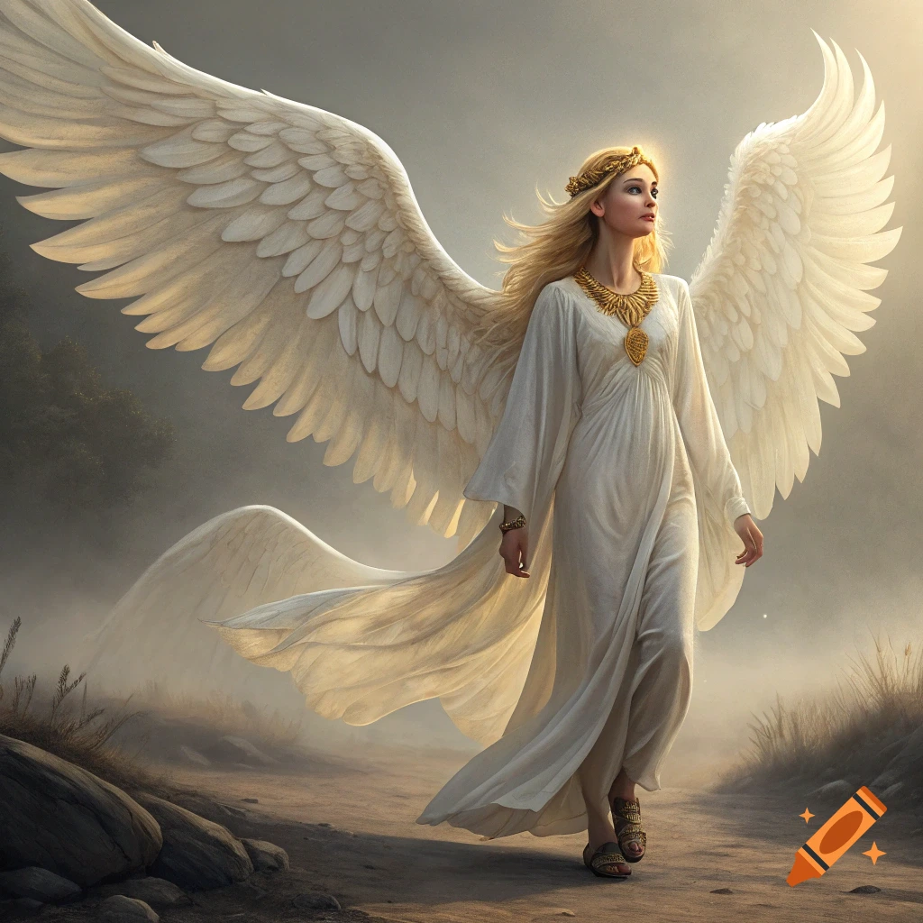 A fantasy illustration of an angel walking on a path.