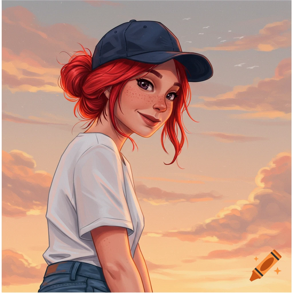 A portrait of a young woman with red hair in a baseball cap against a sunset sky.