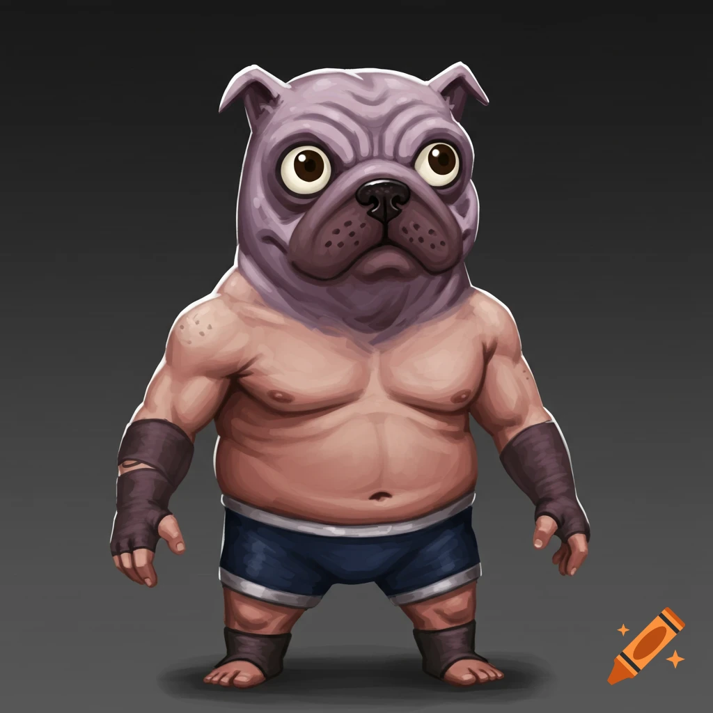 A cartoon-style rendering of a creature with a pug's head and a muscular body, wearing wrestling shorts and hand/foot wraps.