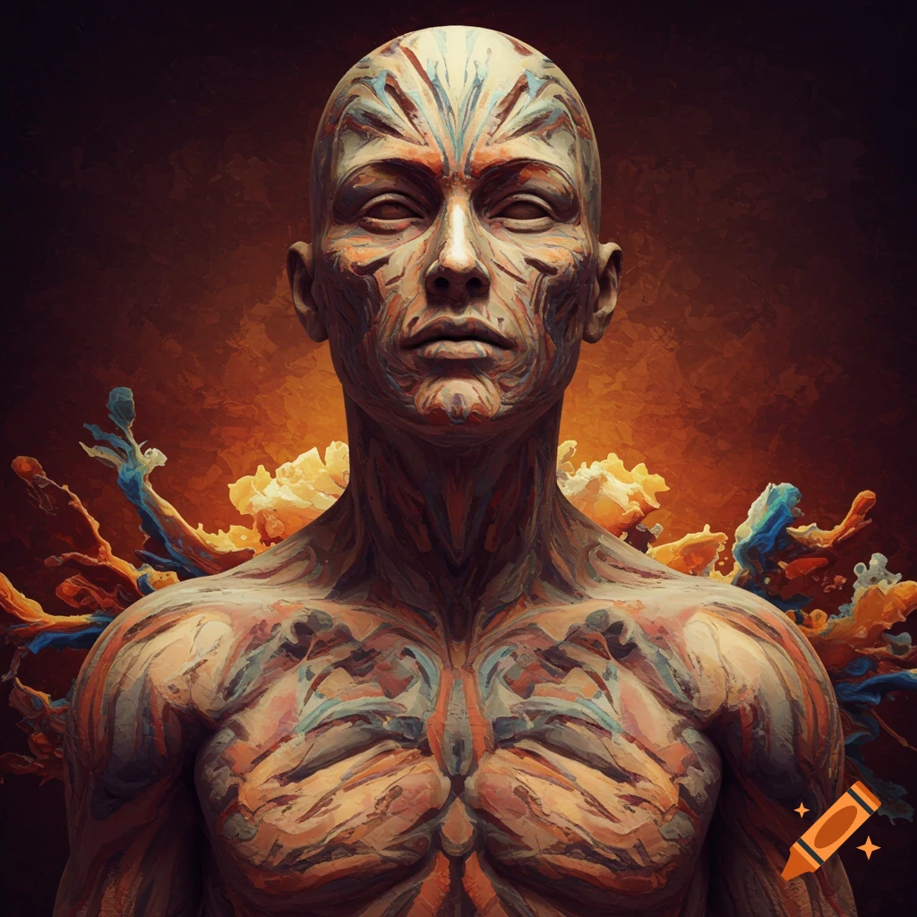 A portrait of a figure covered in colorful abstract patterns against an orange background.