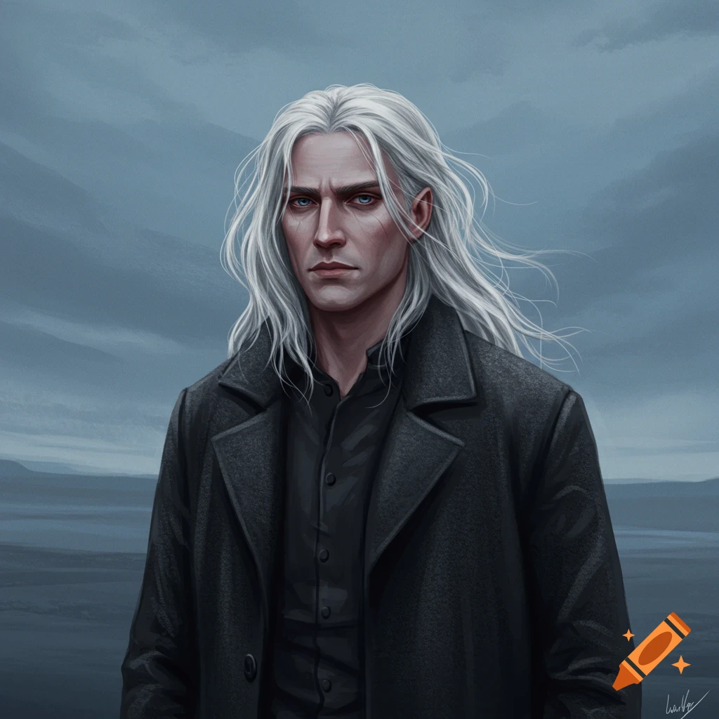 A man with long white hair and dark coat against a gloomy sky.