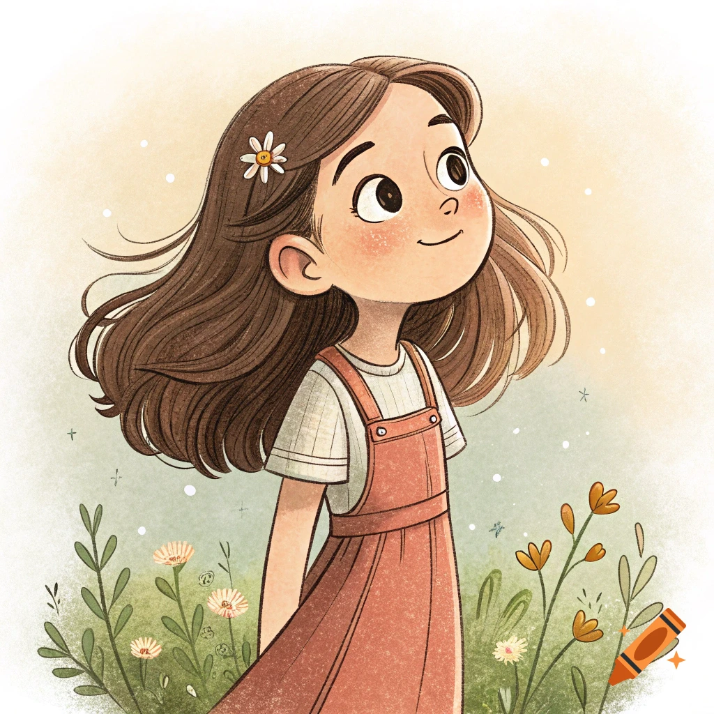 Illustration of a young girl with a flower in her hair standing in a field.