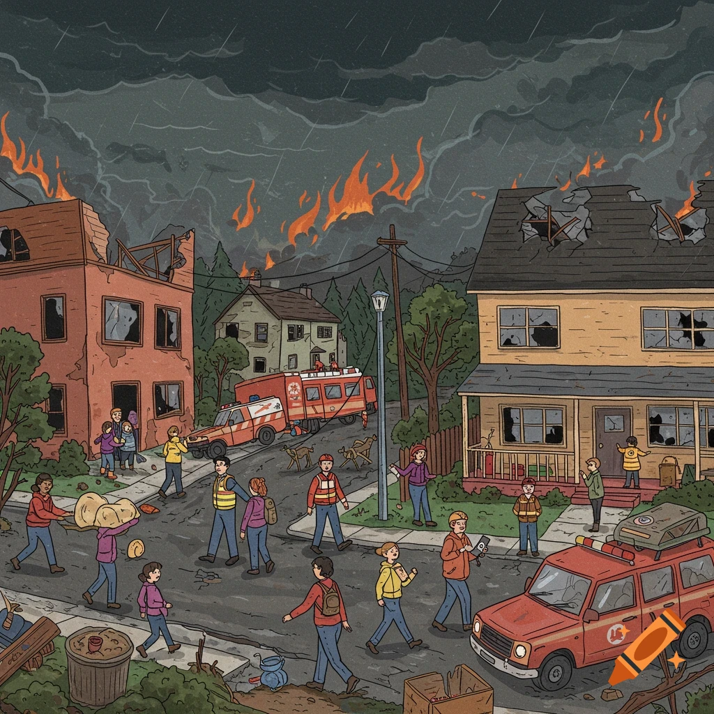A cartoon illustration of a neighborhood on fire with people evacuating and emergency vehicles.