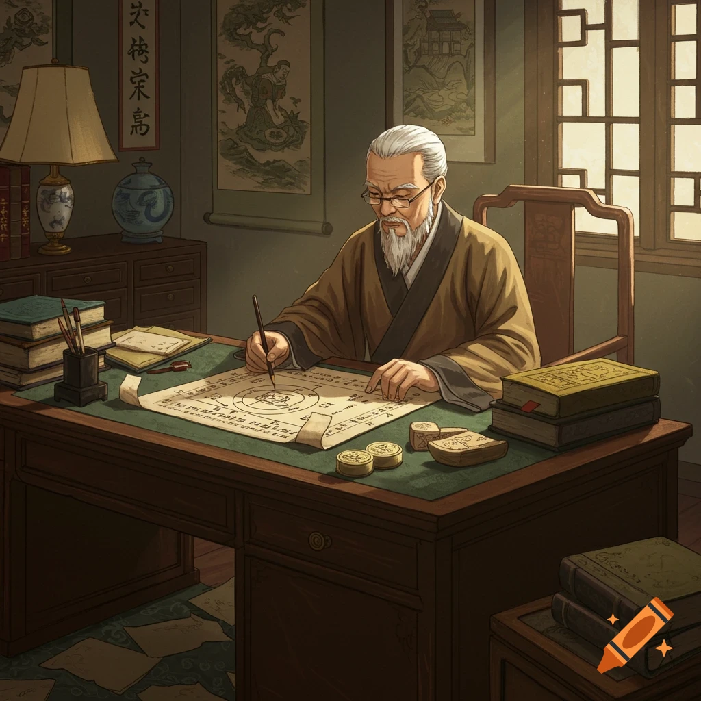 An old Chinese scholar is writing on a scroll at a wooden desk.