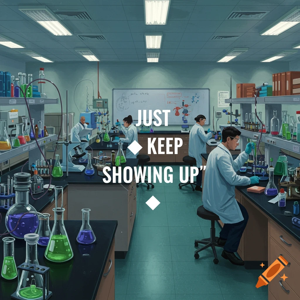Scientists working in a biochemistry lab with the text "JUST KEEP SHOWING UP".