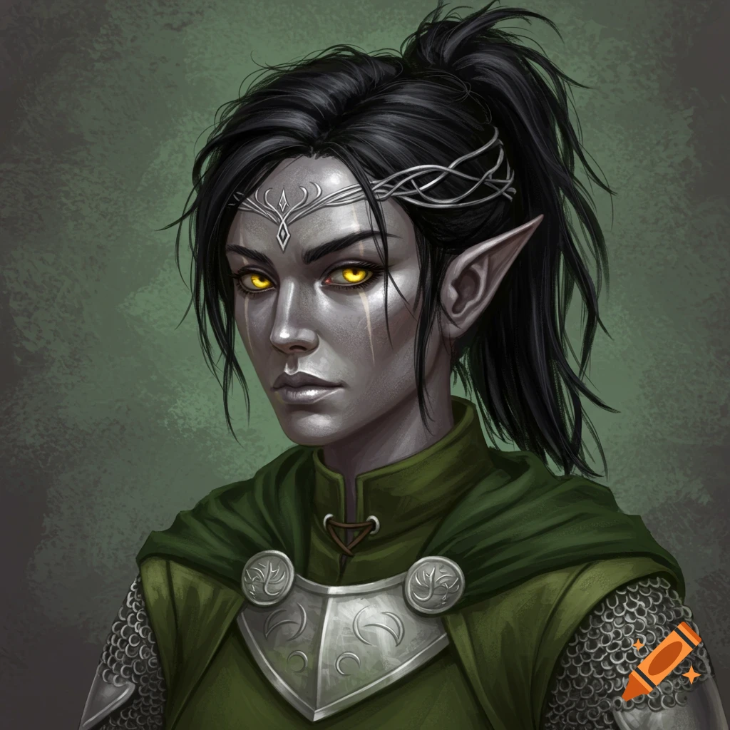 Portrait of a dark-skinned elven woman with yellow eyes in fantasy armor.