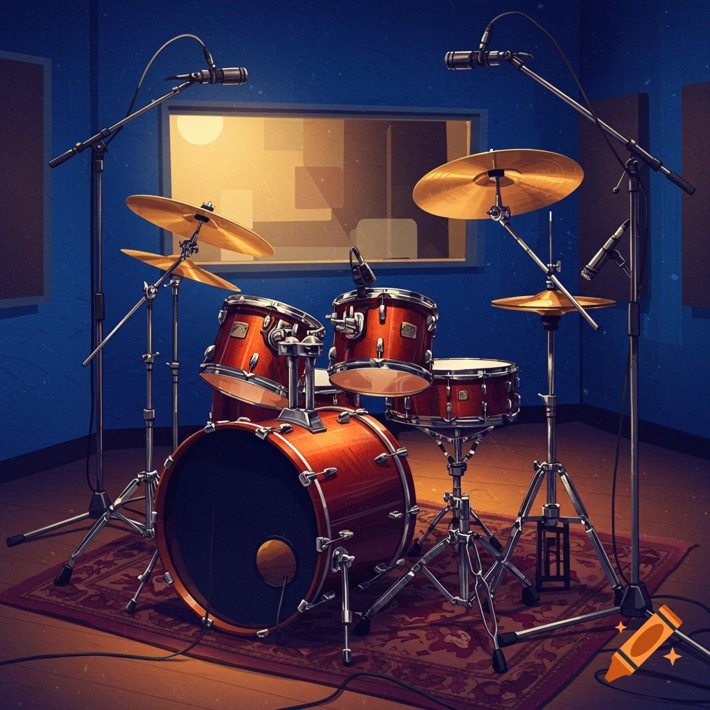 A drum set in a recording studio.