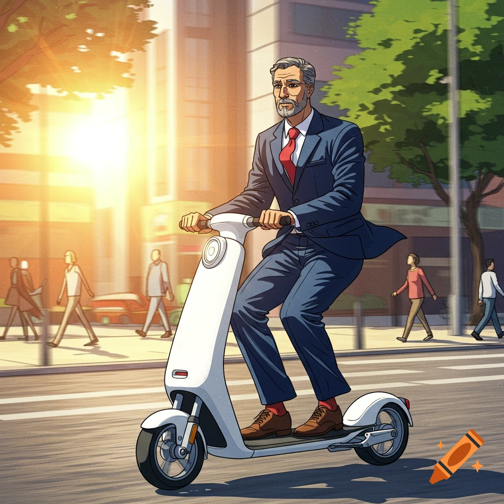 A businessman in a suit rides an electric scooter on a city street at sunset.