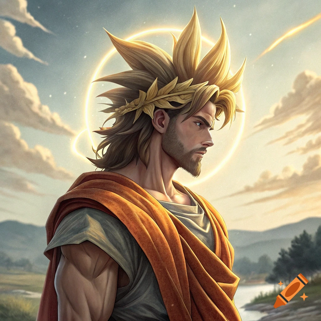 Stylized man with spiky golden hair, beard, wreath, and halo in a landscape.