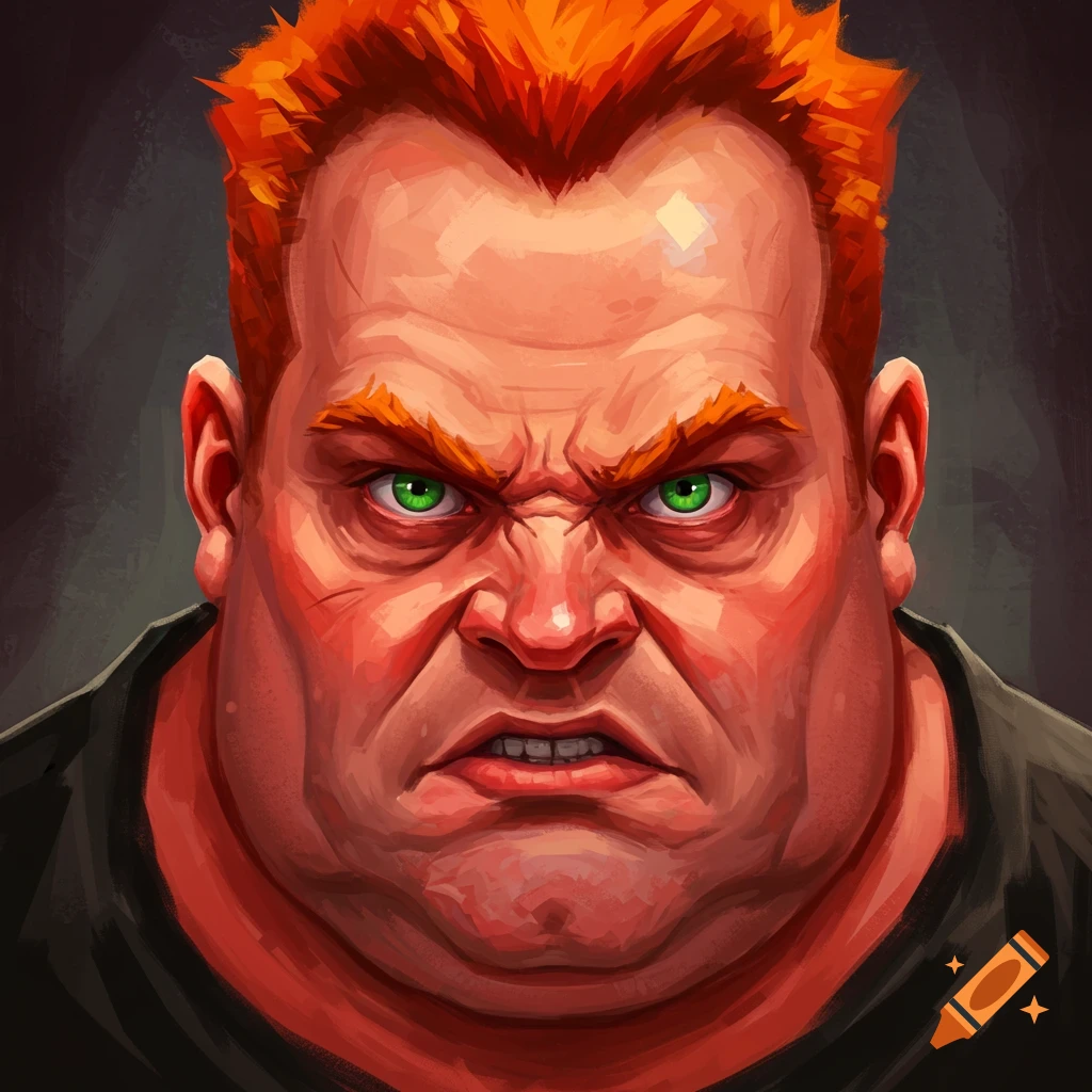 close-up of an aggressive man with orange hair and green eyes.