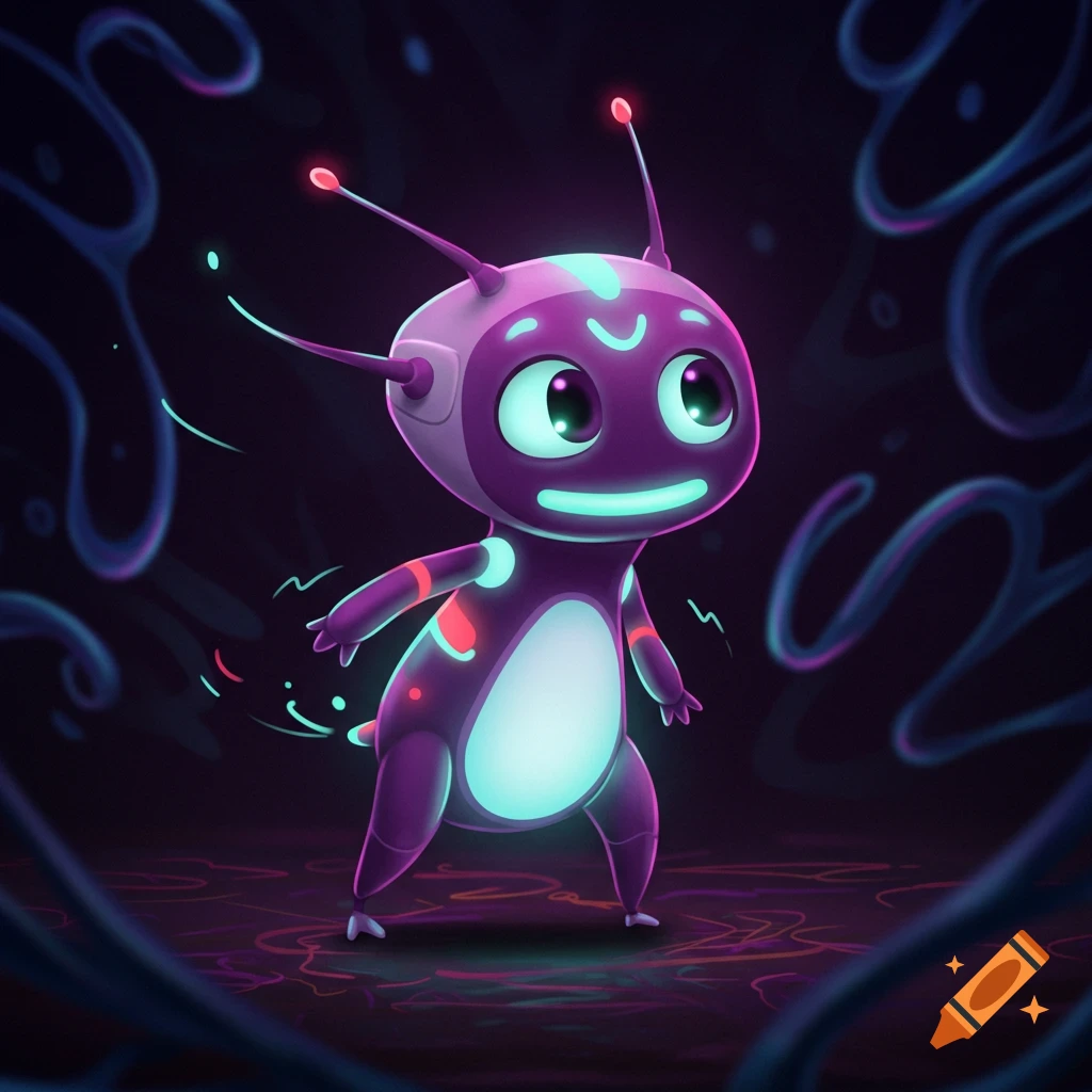 Cute purple alien mascot with glowing elements in a dark environment