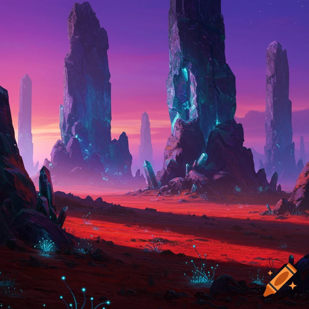 An alien landscape with tall rocky spires and glowing plants under a purple sky.