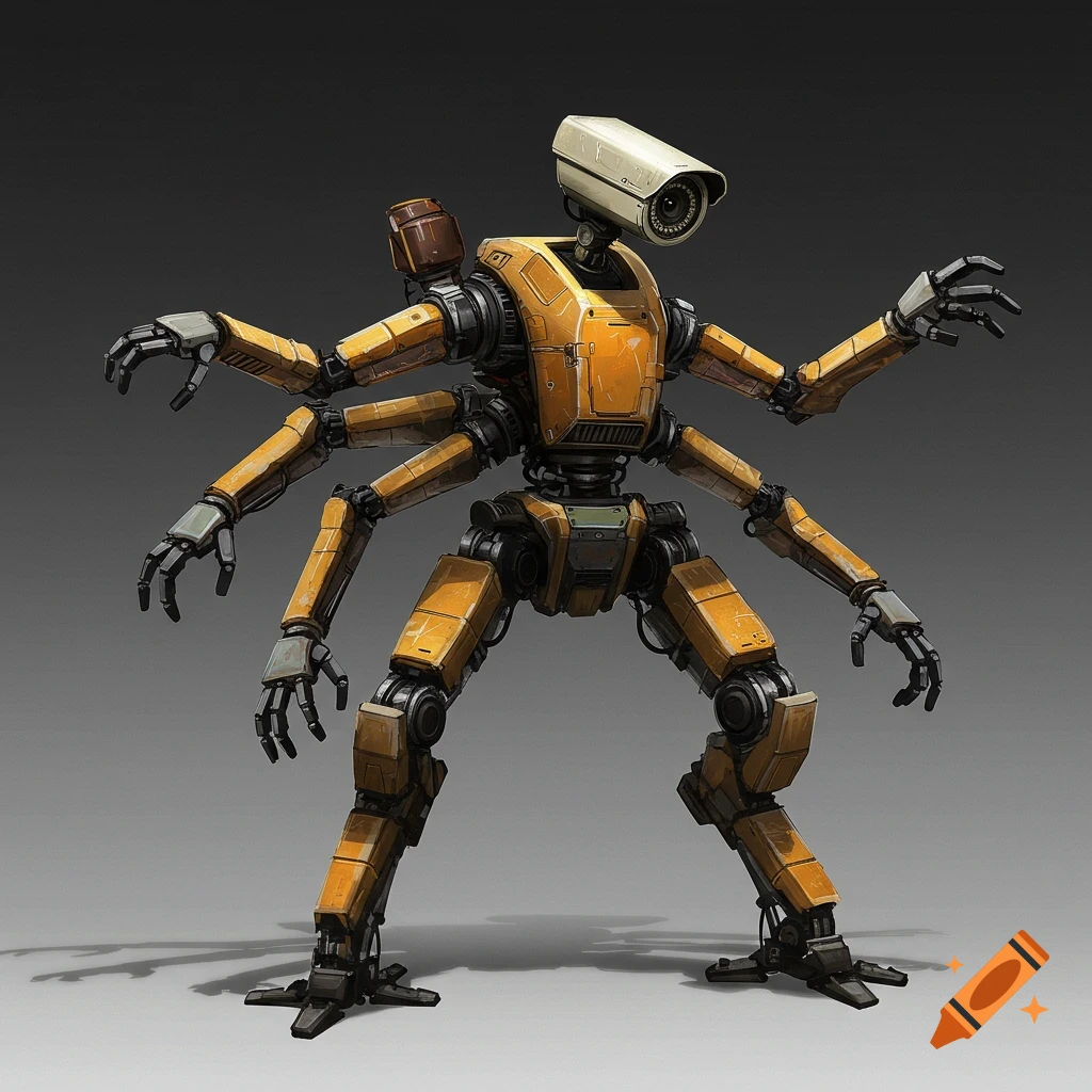 Orange robot with six arms and a security camera for a head.
