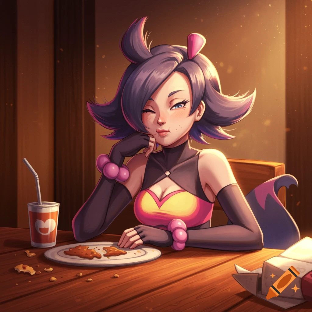 Anime character Nemona sits at a table eating with a drink, winking.