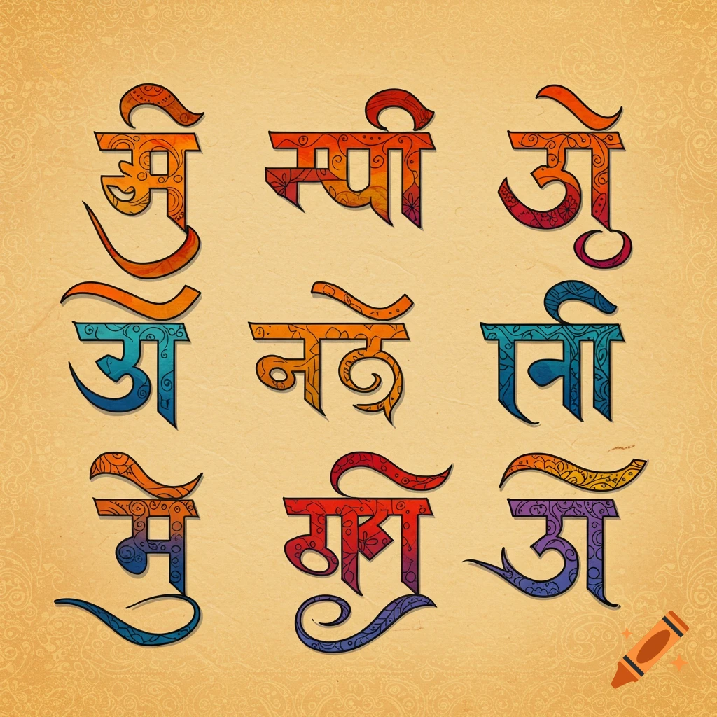 Stylized colorful characters based on Hindi script in a grid pattern on a textured background.