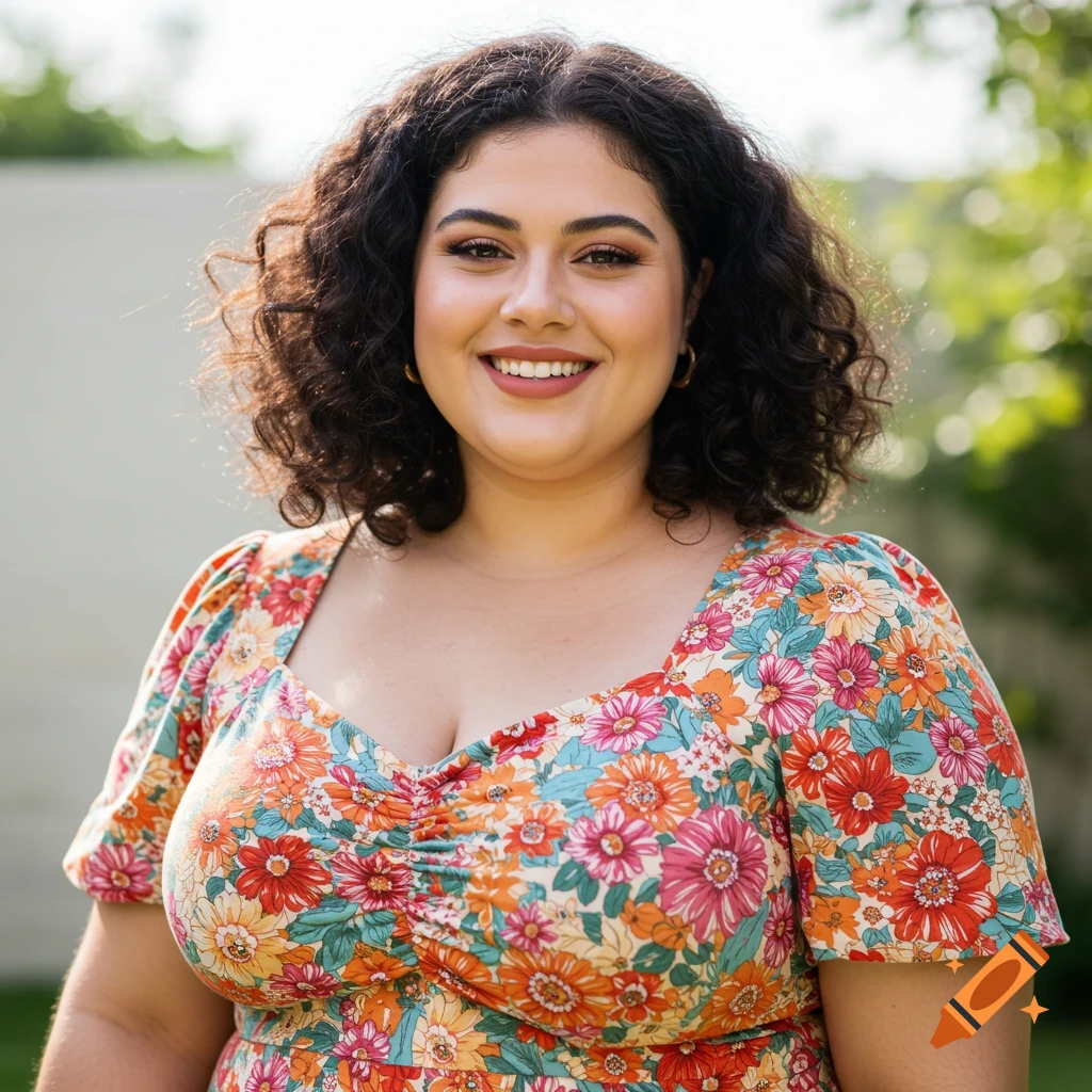 A woman with curly hair wearing a floral dress smiles outdoors.