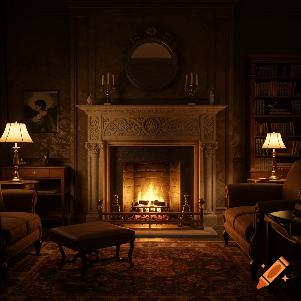 A warm, dimly lit Victorian drawing room with a roaring fireplace, comfortable chairs, a bookcase, and ornate decor.