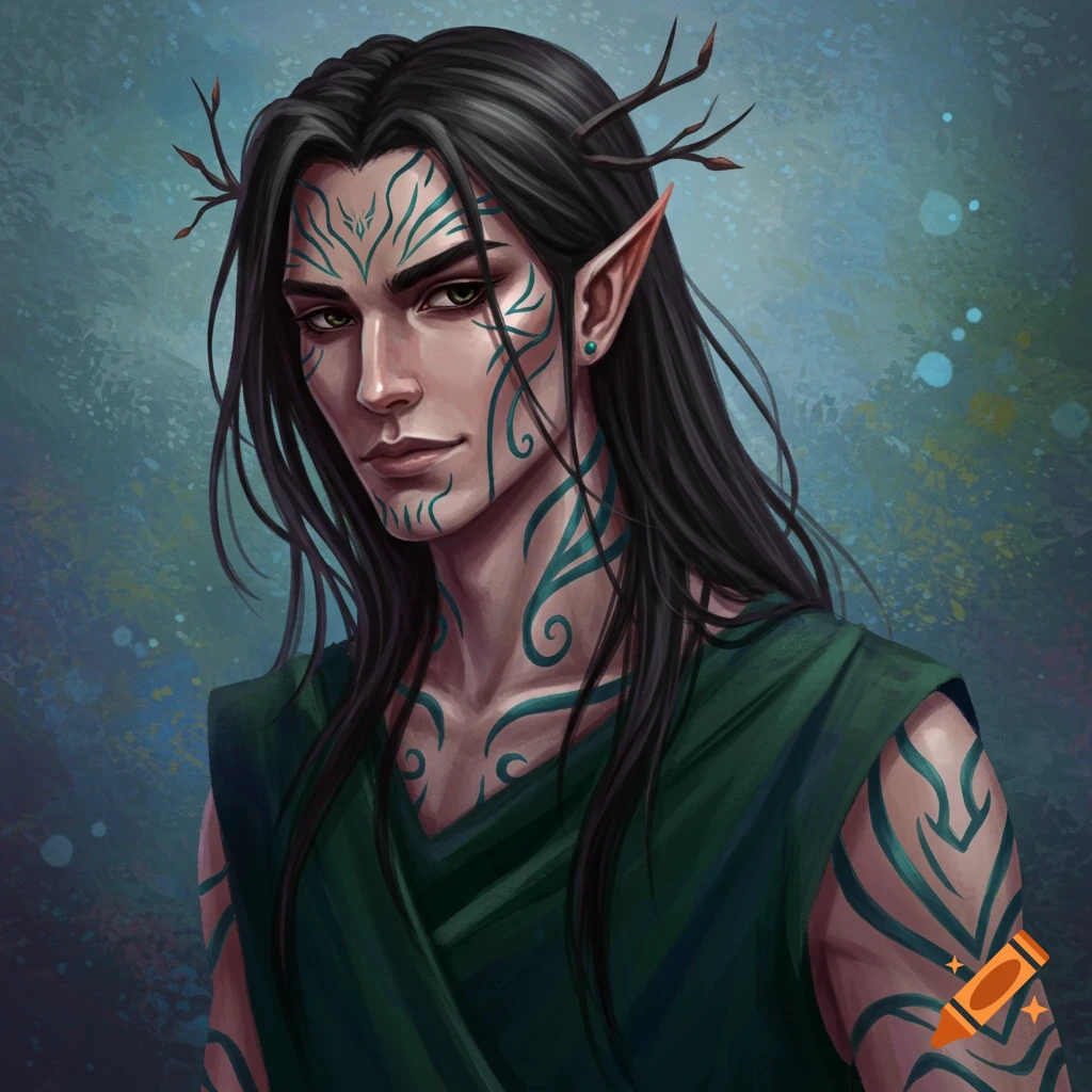 Painting of a Fae man with dark hair, pointed ears, and turquoise face and body markings.