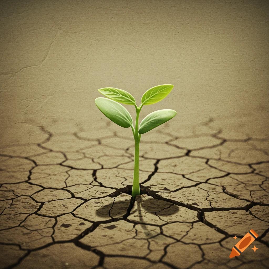 Green plant sprout grows from dry, cracked earth.