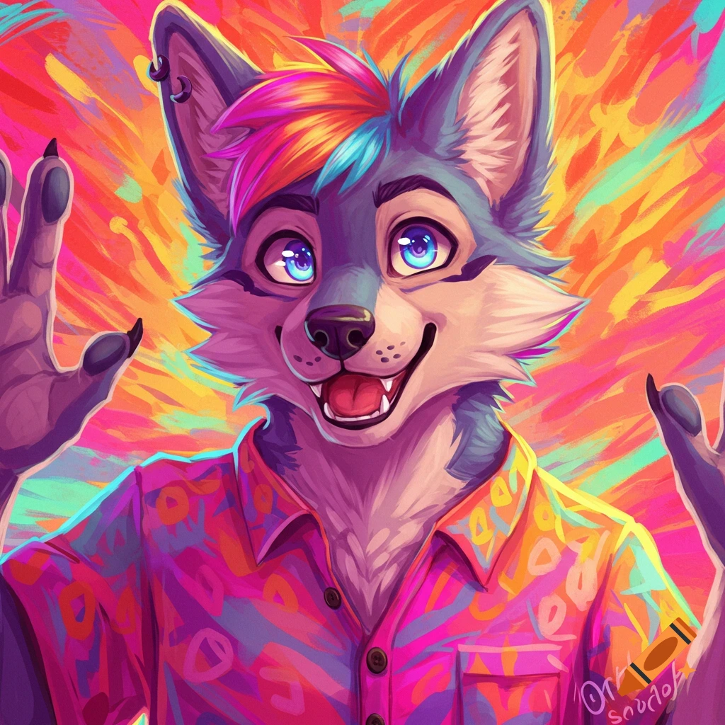 A colorful image of a smiling furry wolf wearing a vibrant shirt, raising their paws.