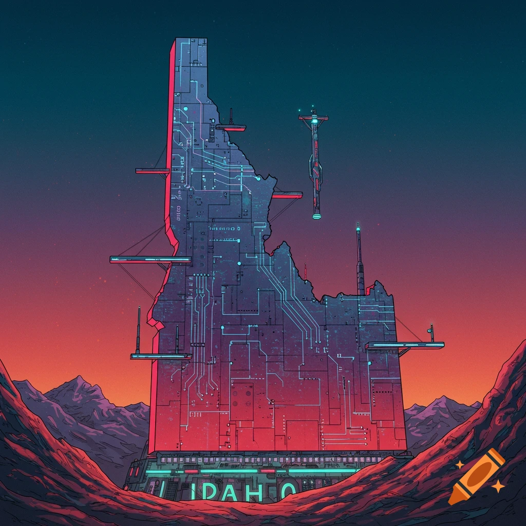Sci-fi tower shaped like the state of Idaho in a desert landscape, digital art.
