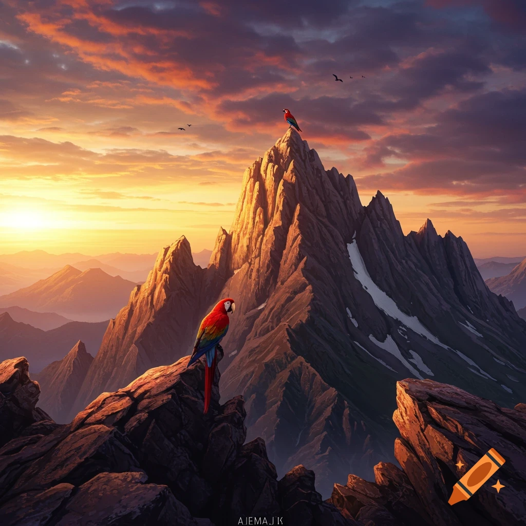 Two macaws perched on a mountain peak at sunset.