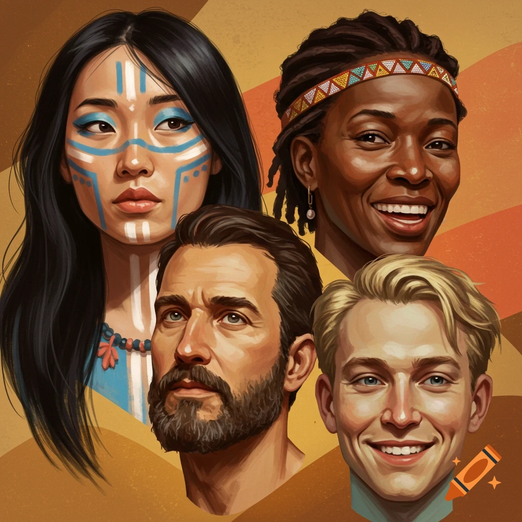 Four diverse portraits against an earthy background.