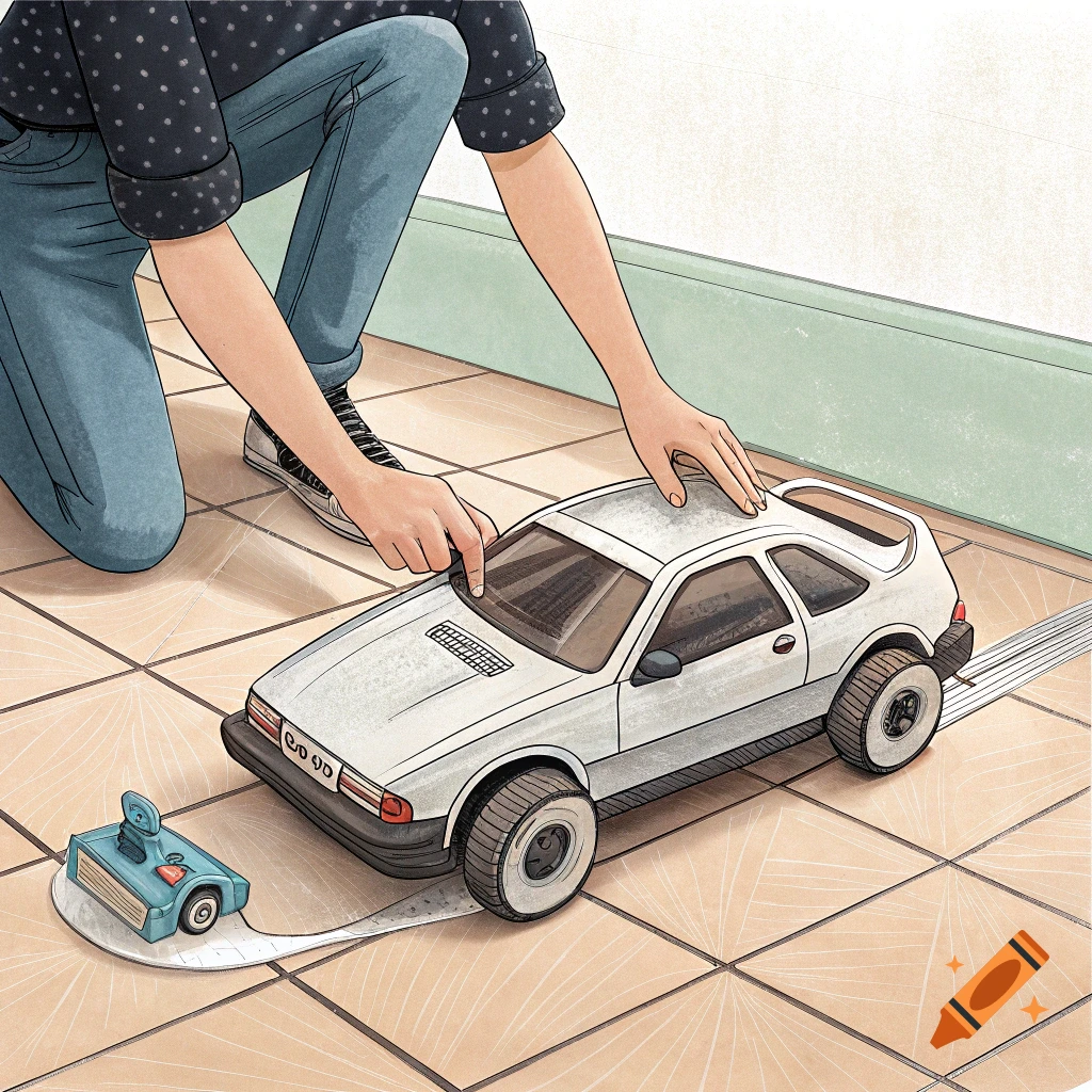 A person kneels on a tiled floor playing with a white toy car. A small blue toy follows a path behind it. Illustration style.